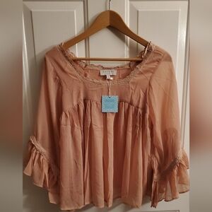 Hayden Women's Peach Ruffle Sleeve Sheer Blouse